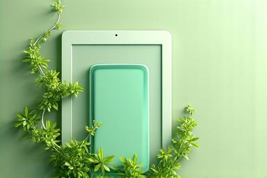 A stylized depiction of digital devices intertwined with natural elements like leaves, representing balanced digital well-being.